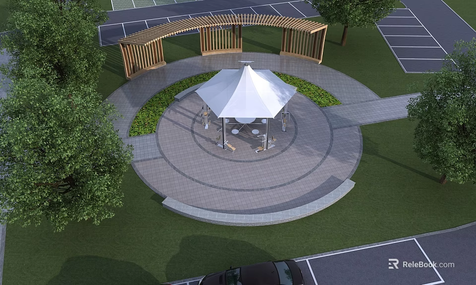 Curved Wooden Pergola Surrounding Circular Paving with White Gazebo and Trees 3d model 