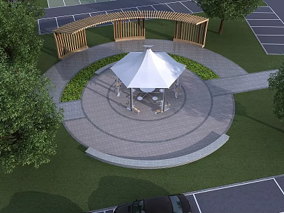 Curved Wooden Pergola Surrounding Circular Paving with White Gazebo and Trees 3d model