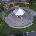 Curved Wooden Pergola Surrounding Circular Paving with White Gazebo and Trees
