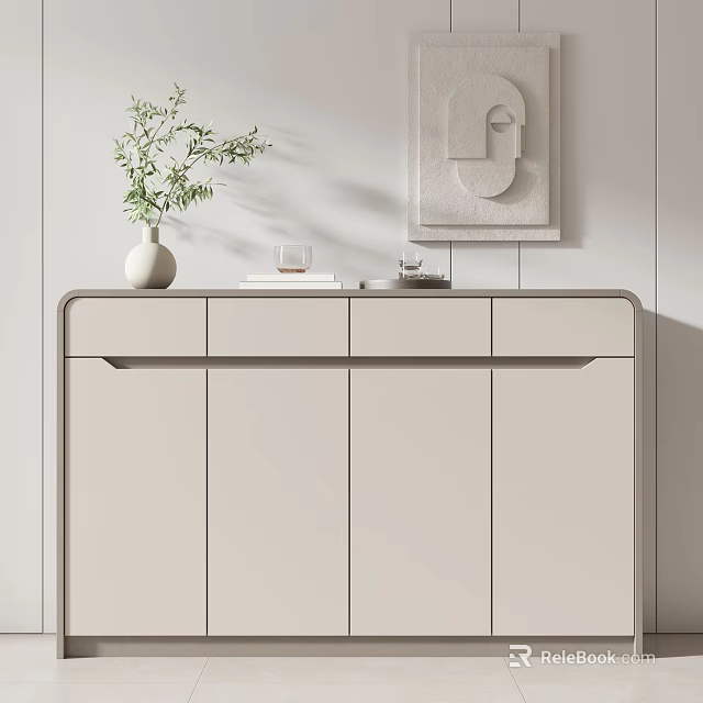 Modern Beige Sideboard Cabinet With Vase Books And Wall Art In Minimalist Interior 3d model 