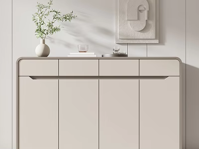 Modern Beige Sideboard Cabinet With Vase Books And Wall Art In Minimalist Interior 3d model