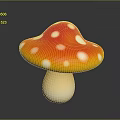 Red and White Spotted Mushroom with Yellow Gradient Cap and White Stem on Dark Background