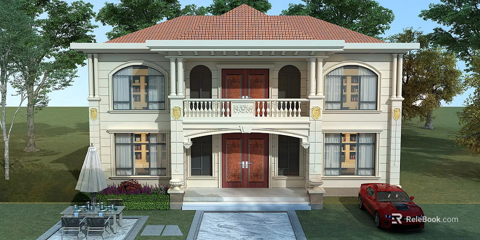 Detached Villa with Red Roof Arched Windows Front Balcony and Green Lawn Courtyard 3d model 