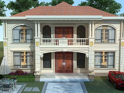 Detached Villa with Red Roof Arched Windows Front Balcony and Green Lawn Courtyard 3d model