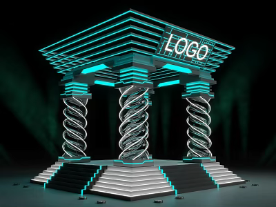 Futuristic Stage Structure With Spiral Columns Blue Neon Lights And Logo 3d model