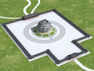 Ancient Architecture With Square Enclosure Circular Central Structure Green Grass And Winding Paths 3d model