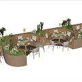 Outdoor Dining Area With Comfortable Dining Chairs Tables Green Plants Cacti And Warm Lighting