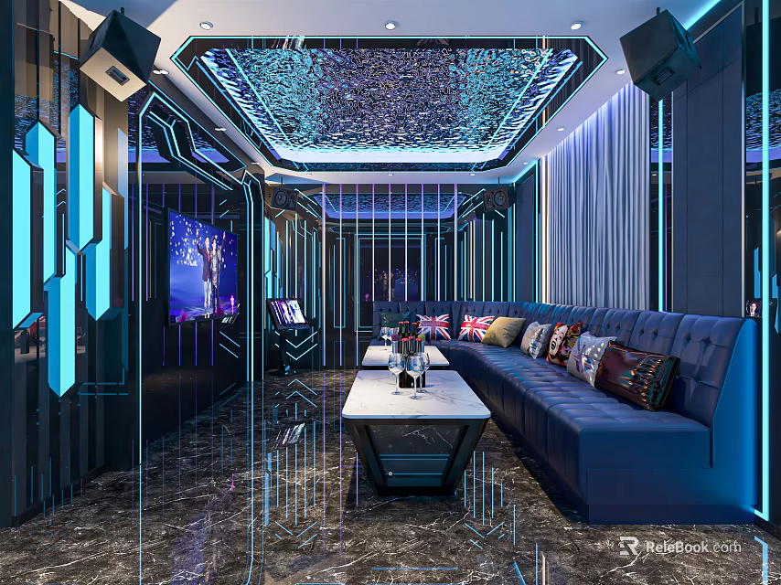 Modern KTV Interior With Starry Ceiling Blue Lighting Sofa Bar Counter And Large Screen 3d model