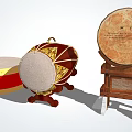 Traditional Chinese Musical Drums with Red Golden Decorative Designs and Various Sizes on Stand