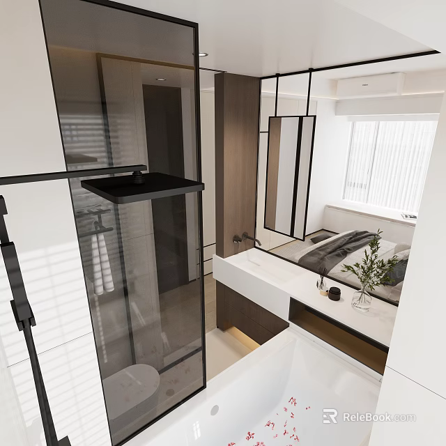Modern Bathroom Interior With Glass Shower Vanity Large Mirror And Potted Plant 3d model 