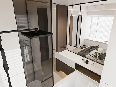 Modern Bathroom Interior With Glass Shower Vanity Large Mirror And Potted Plant 3d model