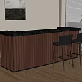 Contemporary Bar Counter Interior With Black Top Brown Vertical Stripes Orange LED Lighting And Black Stools