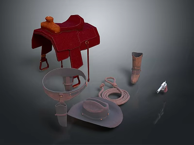 Equestrian Clothing Accessories With Red Saddle Leather Boots Cowboy Hat And Rope 3d model