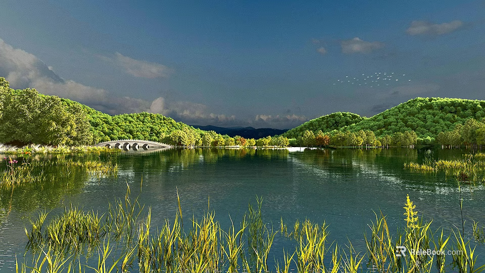 Tranquil Natural Scenery With Lake Reflections Green Mountains Trees Bridge And Blue Sky 3d model 