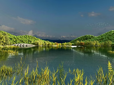 Tranquil Natural Scenery With Lake Reflections Green Mountains Trees Bridge And Blue Sky 3d model