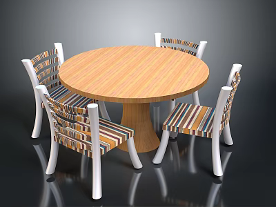 Round Wooden Dining Table Set With Four Striped Chairs And White Legs 3d model