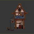 Traditional Village Cottage Building With Red Roof Blue Tiles Balcony Chimney Oven And Wooden Cart