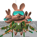 Rabbit Dolls Wearing Blue Glowing Goggles Green Outfits With Backpacks Holding Weapons In City Background