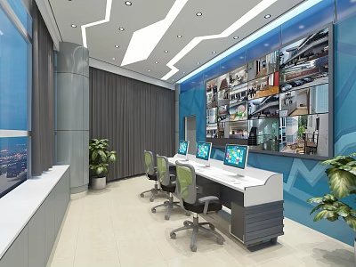 Modern Monitoring Room Design With Wall Mounted Screens Desks Chairs And Green Plants 3d model