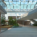 Modern Indoor Atrium With Glass Skylight Hanging Decorations Green Plants And Sofa Area
