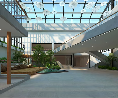 Modern Indoor Atrium With Glass Skylight Hanging Decorations Green Plants And Sofa Area 3d model