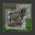 Ancient Stone Tower Structure With Arched Door Round Fountain And Green Grass Base