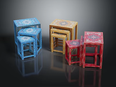 Colorful Patterned Stools in Blue Yellow Red Stacked for Home Decor 3d model
