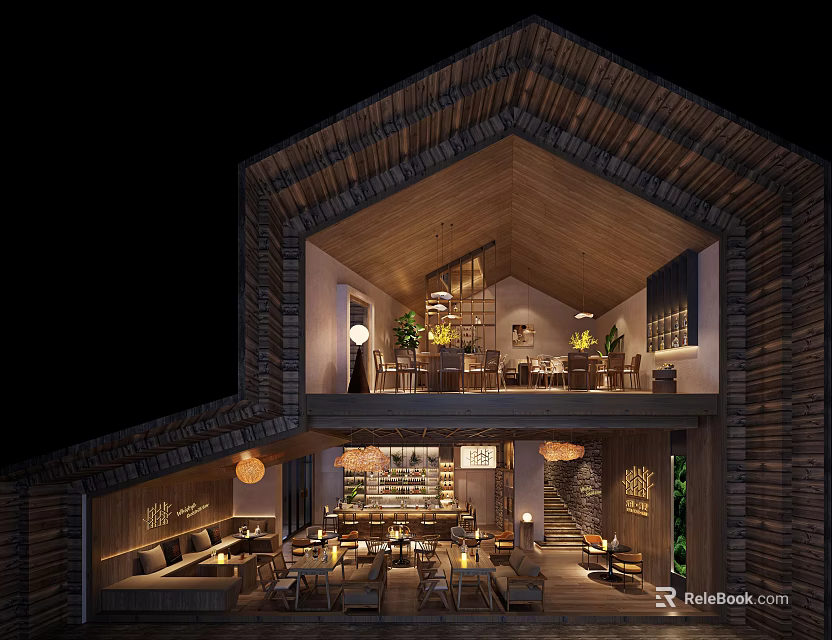 Wooden Two Floor Bar Interior Design With Warm Lighting Tables And Chairs 3d model 