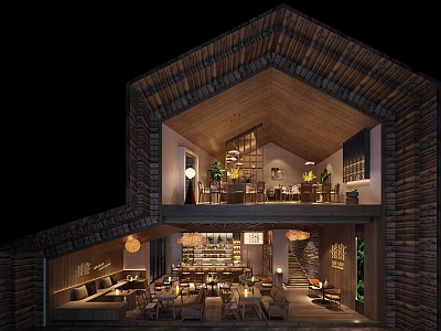 Wooden Two Floor Bar Interior Design With Warm Lighting Tables And Chairs 3d model