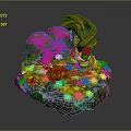 Fantasy Plant Landscape With Twisted Tree Trunks Green Foliage Red Mushrooms And Pink Flowers