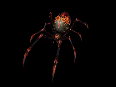 Fantasy Spider Creature Character With Ornate Red Black Patterns And Slender Legs 3d model