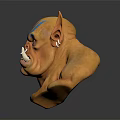 Fantasy Creature Head With Yellow Skin Horns Blue Stripes Pointed Ears Tusks Nose Ring Earrings