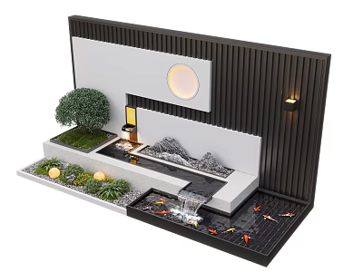 Modern Water Fountain Design with Small Waterfall Koi Fish Green Plants and Garden Wall Decor 3d model