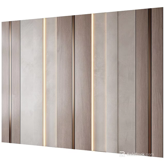 Modern Vertical Wooden Panel Wall With Neutral Tones And Integrated Light Strips 3d model 