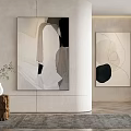Modern Abstract Paintings On Wall In Minimalist Living Room With Neutral Color Tones And Wooden Accents