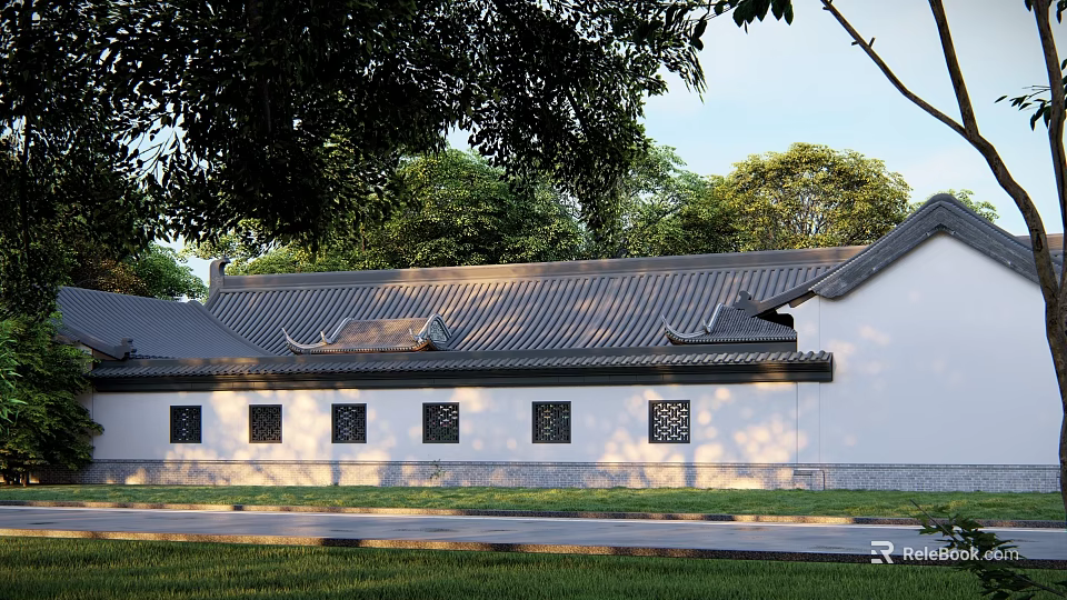 Traditional Chinese Detached Villa With Gray Tile Roof White Wall And Lush Trees 3d model 