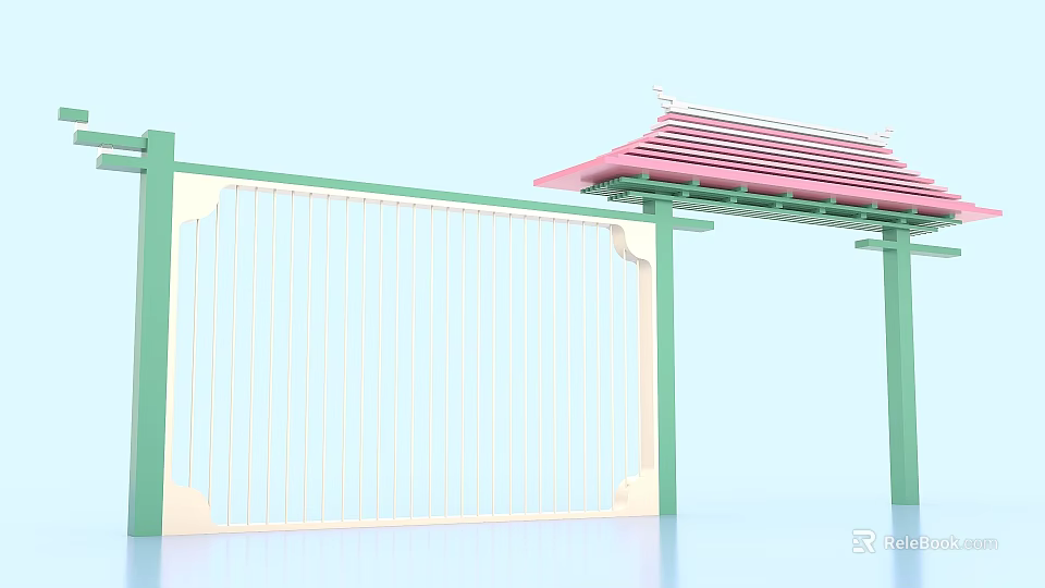 Green Framed Event Gate With Red Roof And White Grille Structure 3d model 