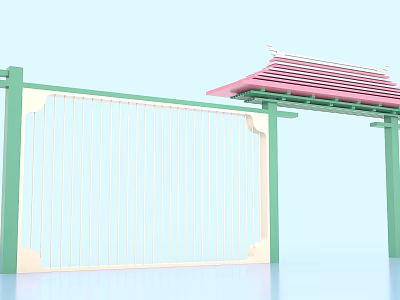 Green Framed Event Gate With Red Roof And White Grille Structure 3d model