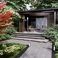 Wooden Pergola In Garden Courtyard With Red Maple Leaves Green Plants And Stone Pathway