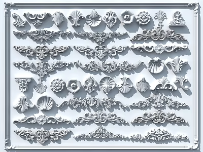 Ornate Carved Decorative Elements with Various Floral Shell and Scroll Patterns 3d model