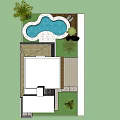 Modern Detached Villa with Large Glass Windows Outdoor Patio and Palm Trees Greenery