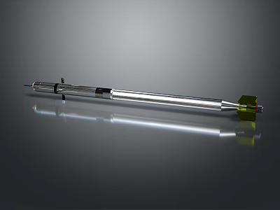 Silver Long Shiny Metal Weapon with Green Component and Spear Like Design 3d model