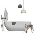 White Bathtub in Modern Bathroom with Black and White Pendant Lights a Towel and Stool
