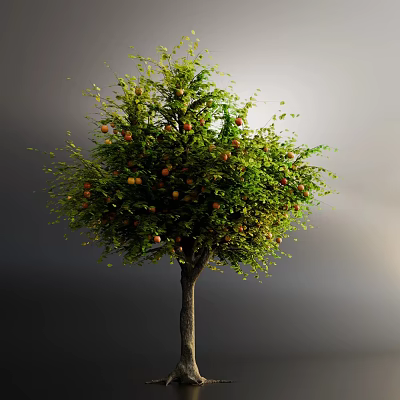 Lush Green Leafy Tree With Vibrant Orange Fruits And Thick Branches 3d model