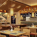 Warm Ambiance Japanese Restaurant Interior With Wooden Tables Chairs Orange Cushions Bar Counter Decorative Paintings
