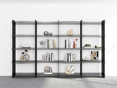 Modern Black Frame Bookshelf With Multiple Shelves Books And Decorative Items 3d model
