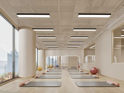 Spacious Yoga Studio Interior With Mats And Exercise Balls 3d model