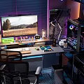 Modern Entertainment Room Setup With Dual Monitors Neon Lights Blinds And Comfortable Chair