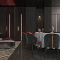 Elegant Private Dining Room Interior With Red Walls Dark Wood Sofa And Round Table