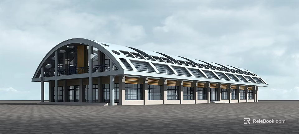 Modern Industrial Factory Building With Curved Roof Large Skylights And Steel Structure 3d model 